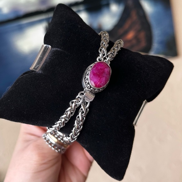 Genuine pink indian ruby gemstone stainless steel double chain boho bracelet - Picture 5 of 15